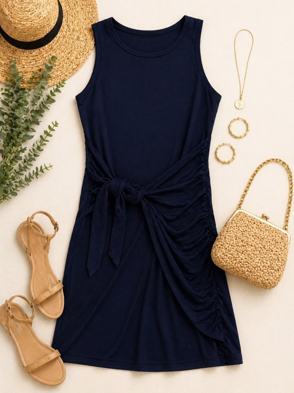 Lillusory Navy Tie Waist Tank Dress Size Large | Ruched Side Mini Dress